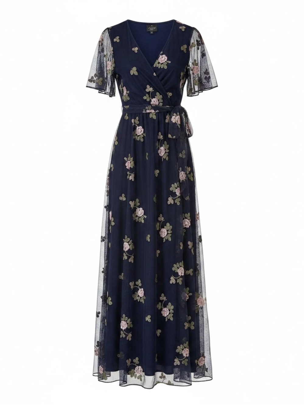 Adrianna Papell Navy Maxi Dress with Pink & Green Floral Embroidery - Picture 2 of 5